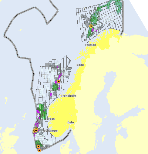Kart over oljevirksomhet på norsk kontinentalsokkel